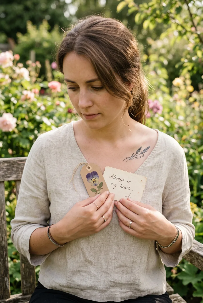 Woman holding a pressed flower near a fine-line memorial tattoo on her collarbone in soft afternoon light