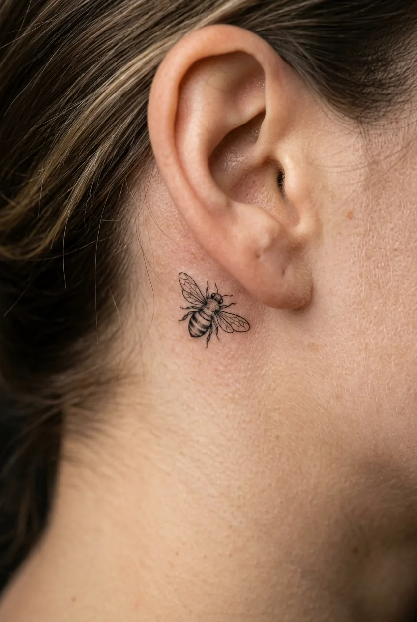 Extreme close-up of a tiny fine line bee tattoo tucked behind a woman's ear smaller than a thumbnail