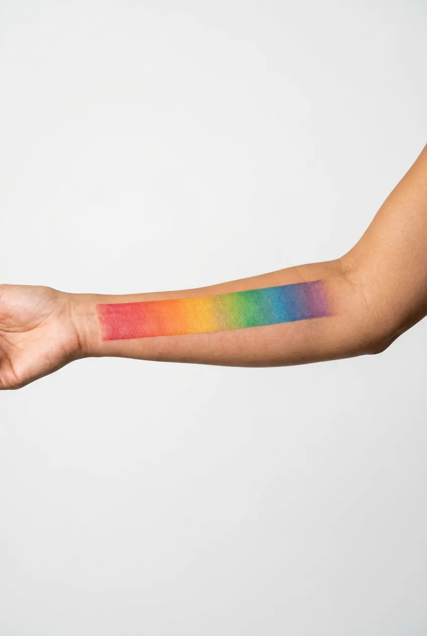 Close-up of woman's wrist showing tiny micro portrait tattoo rendered in soft peach and blush pastel tones