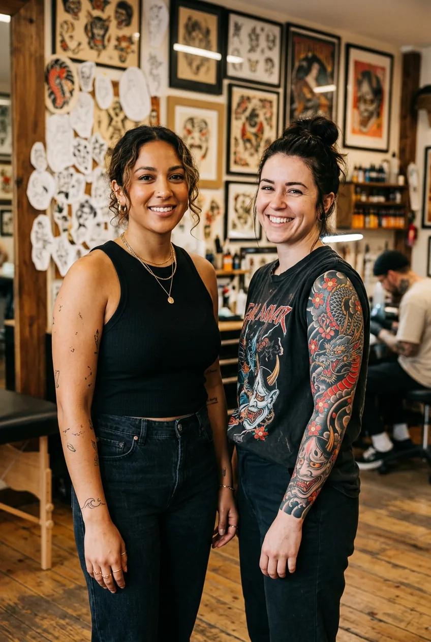 Two women standing together, one with a small minimalist tattoo, one with a full sleeve