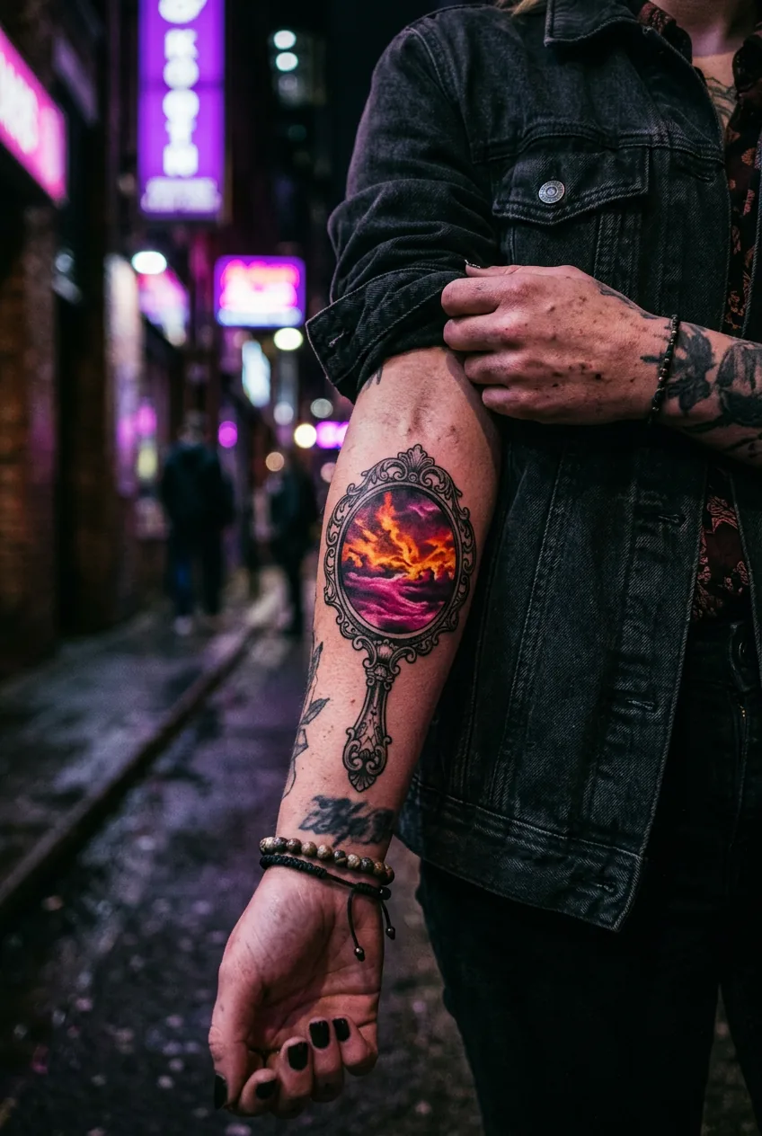 Hand mirror tattoo on woman's forearm showing surreal burning sky reflection under neon purple and pink light
