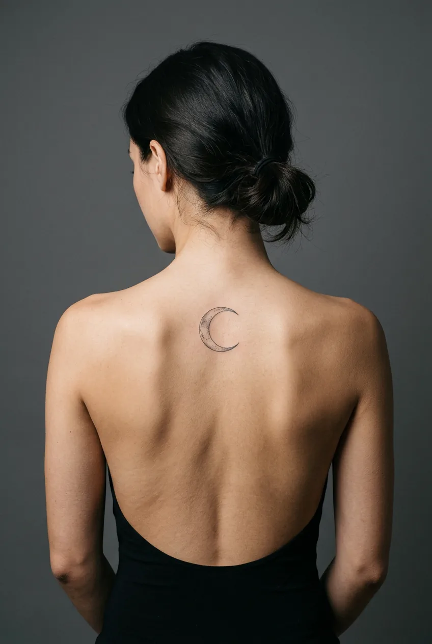 Woman with fine line moon phase tattoo centered between shoulder blades, minimal negative space composition
