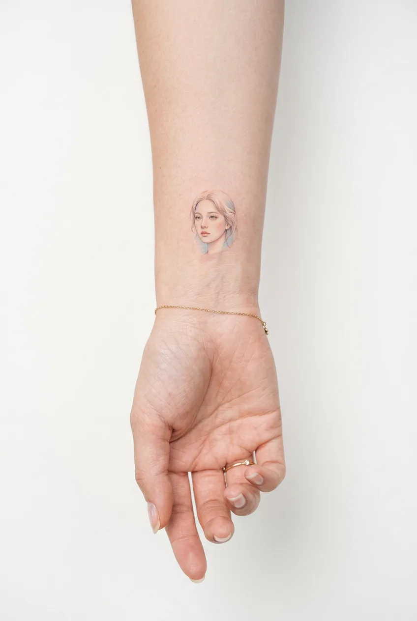 Woman's upper arm with muted neo-traditional rose tattoo in dusty rose petals and faded sage green leaves