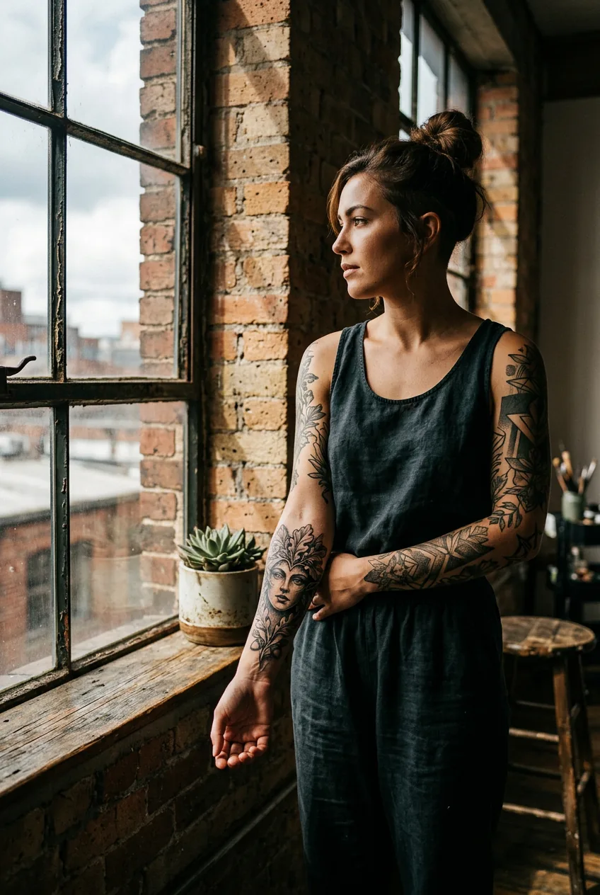 Woman with a mythological face-emerging-from-foliage portrait tattoo on her forearm lit dramatically in an industrial loft space