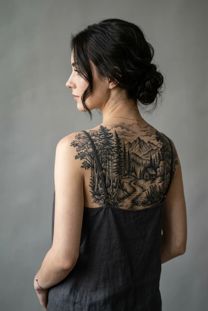 Woman with dark forest narrative scene tattooed across full upper back in black and grey illustrative style