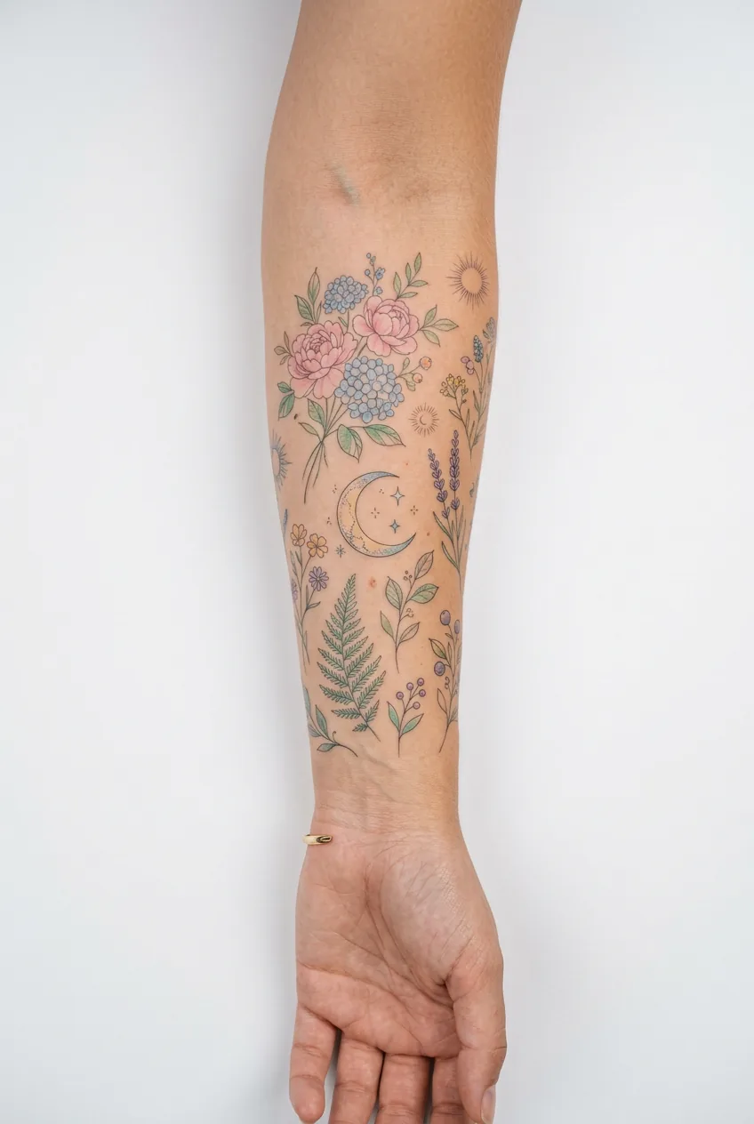 Woman's upper arm with a small illustrative narrative scene tattoo in muted blush sage and dusty blue palette