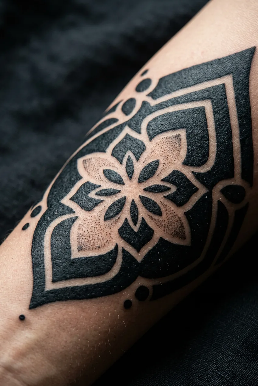 Extreme macro of near-black tattoo with deliberate negative skin space on a woman's forearm in studio lighting