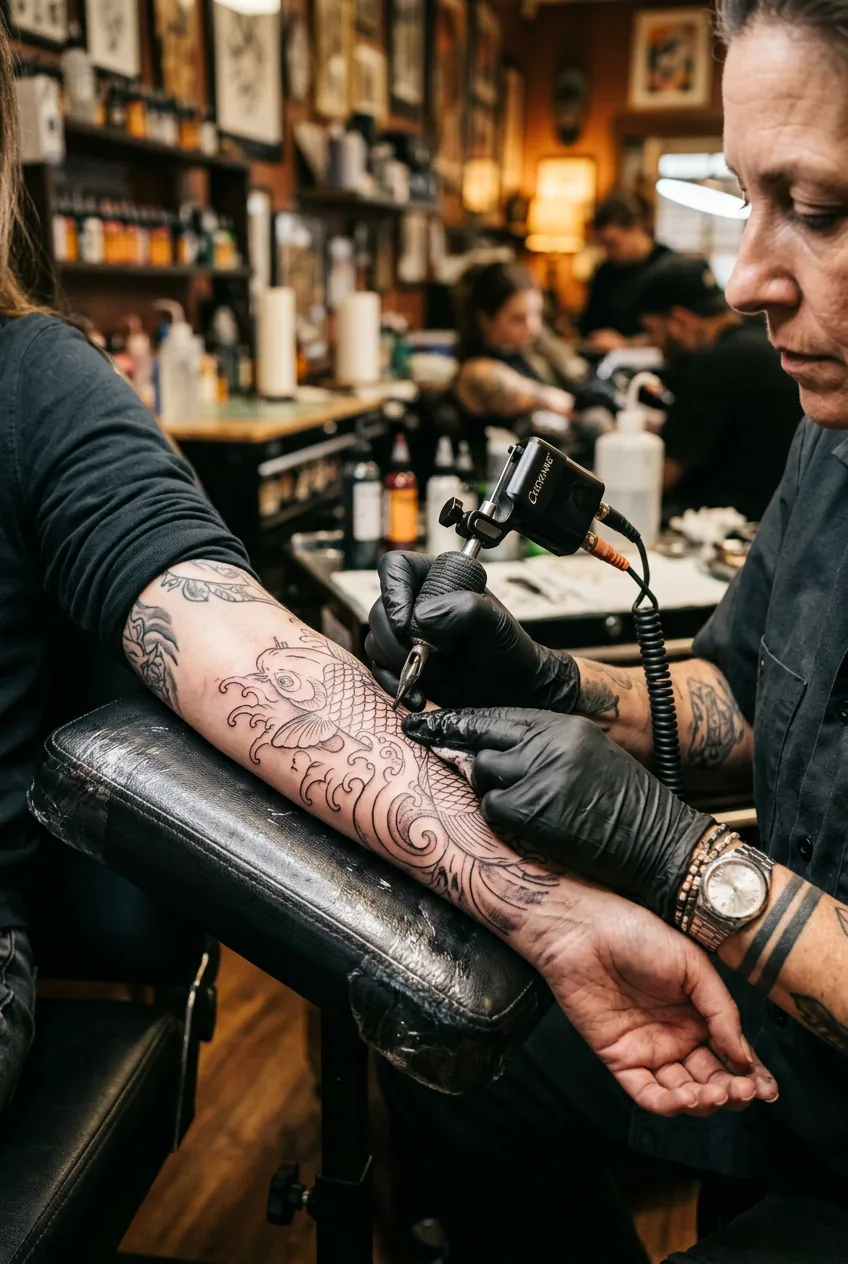 Close-up of tattoo needle creating koi and wave linework on a woman's forearm