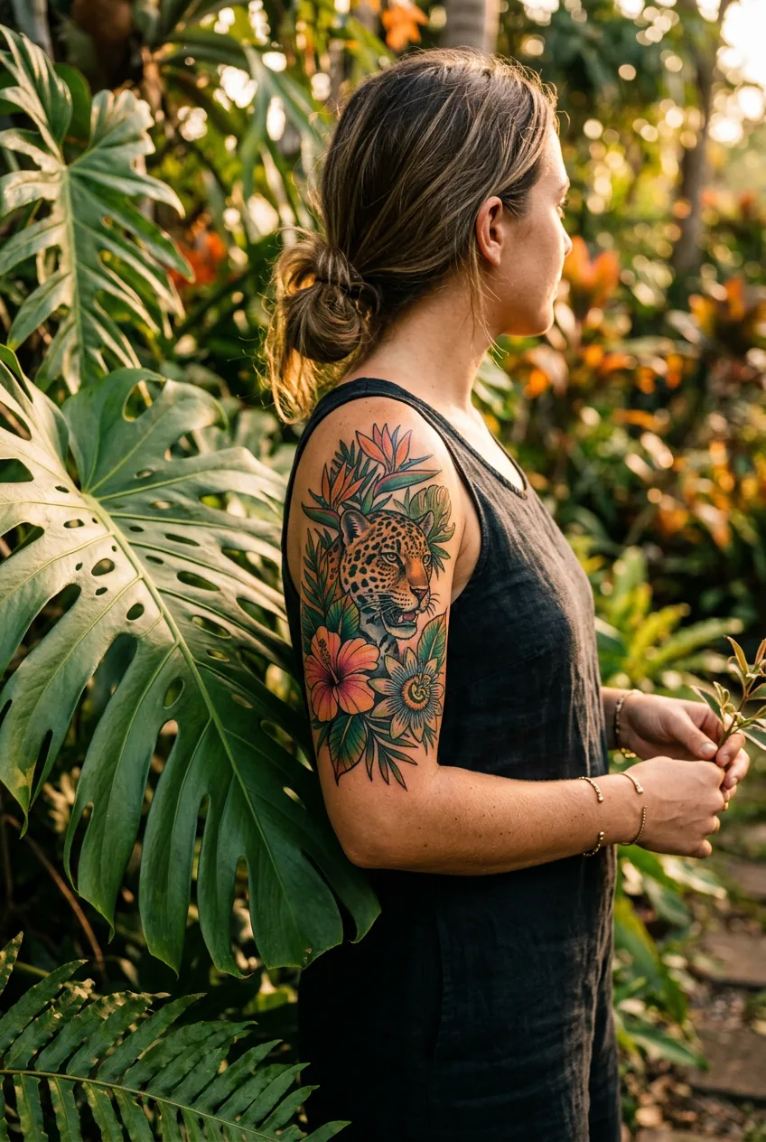 Woman's upper arm displaying bold neo-traditional illustrative tattoo with saturated color beside large tropical botanical leaves