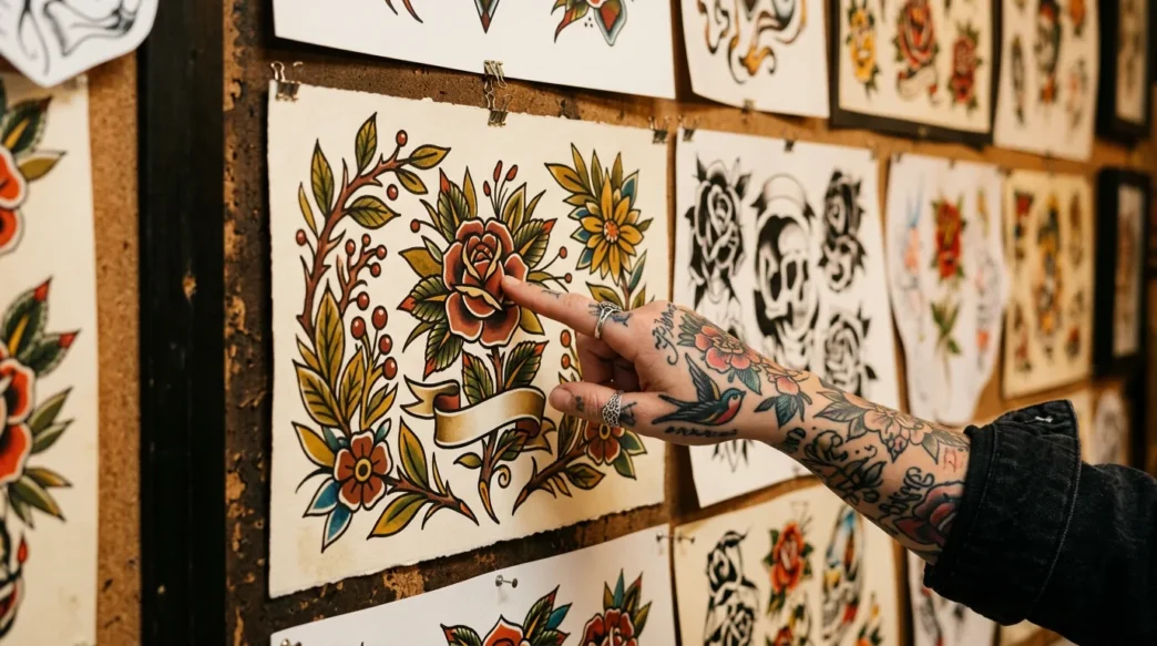 Tattooed woman's hand pointing to a neo-traditional botanical flash art sheet with rich jewel-tone colours on a warm-lit studio wall