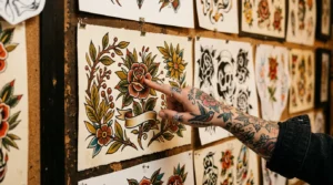 Tattooed woman's hand pointing to a neo-traditional botanical flash art sheet with rich jewel-tone colours on a warm-lit studio wall