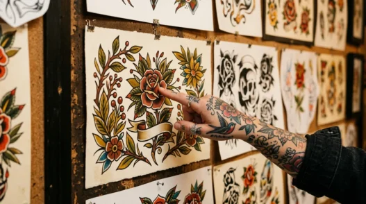 Tattooed woman's hand pointing to a neo-traditional botanical flash art sheet with rich jewel-tone colours on a warm-lit studio wall