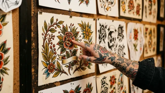 Tattooed woman's hand pointing to a neo-traditional botanical flash art sheet with rich jewel-tone colours on a warm-lit studio wall
