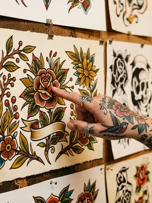 Tattooed woman's hand pointing to a neo-traditional botanical flash art sheet with rich jewel-tone colours on a warm-lit studio wall