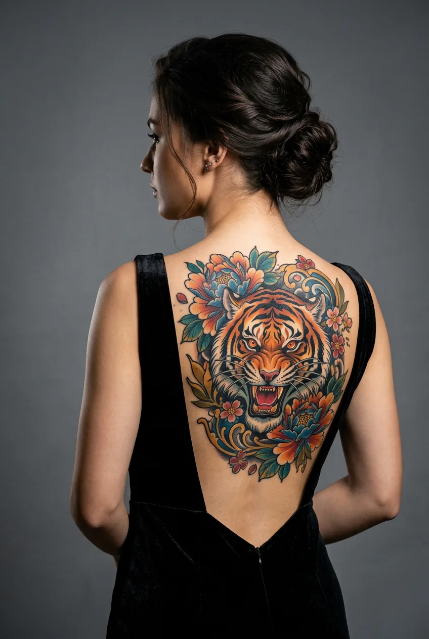 Woman with bold neo-traditional tiger tattoo centered on upper back with saturated color in dramatic studio lighting