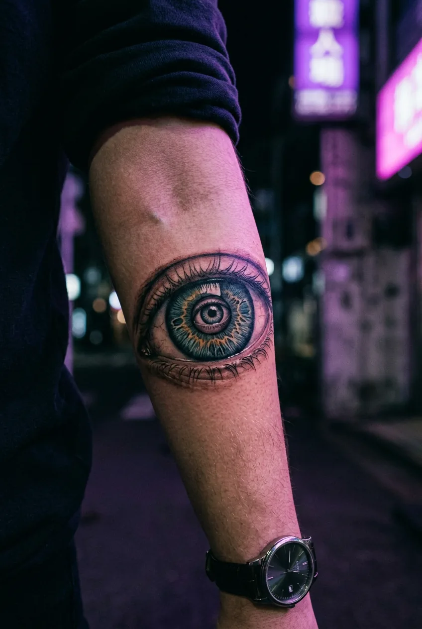 Hyper-realistic nested eye tattoo on woman's inner forearm with eye inside a pupil under neon purple light