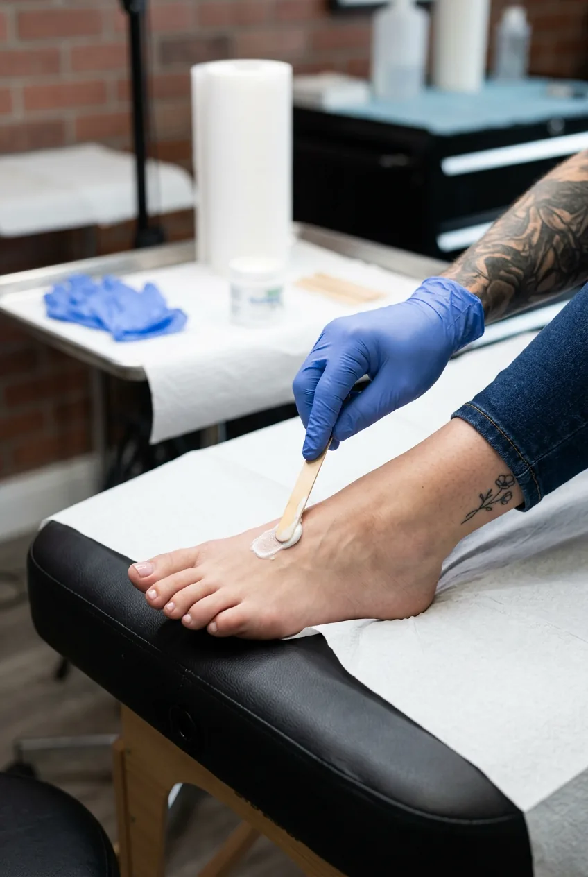 Gloved tattoo artist applying numbing cream to the top of a woman's foot using a wooden applicator in a clean studio