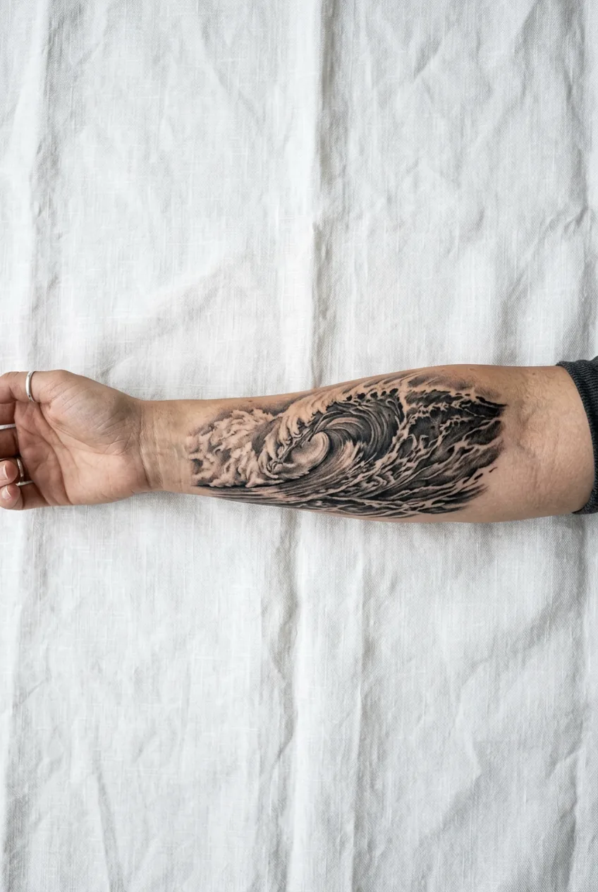 Overhead close-up of a woman's forearm showing a black and grey realism ocean wave tattoo with foam crests and deep shadow in the curl