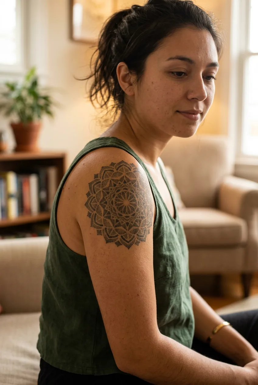 Woman's upper arm displaying a one-year-healed dotwork geometric tattoo with still-crisp dot structure in warm indoor ambient light