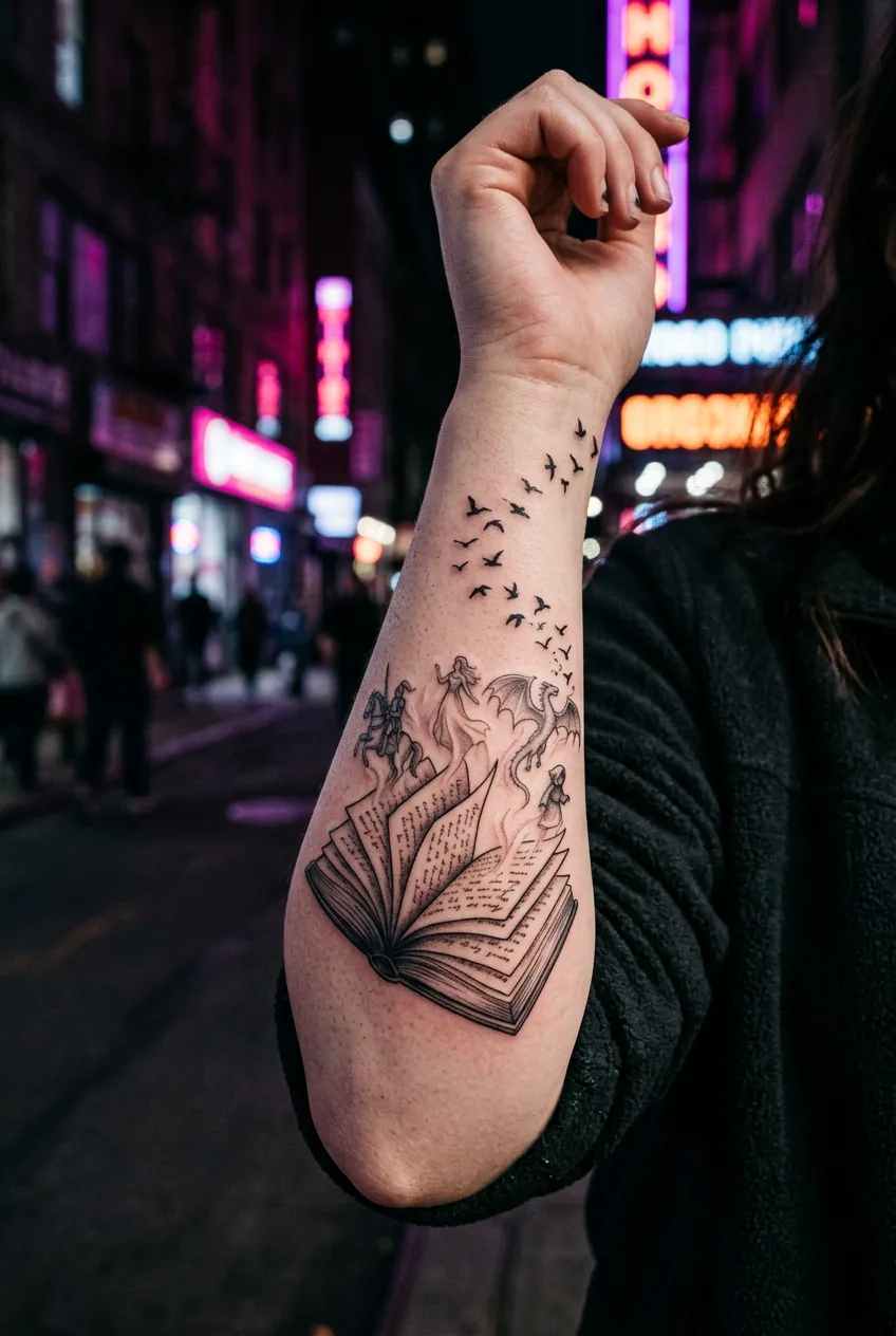 Open book tattoo on woman's inner forearm with ghost characters climbing off pages under pink neon light