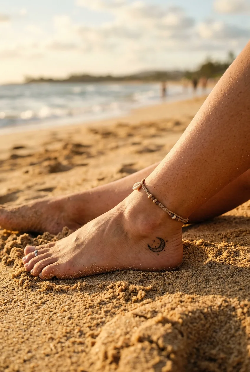 Close-up of a woman's outer ankle on golden sand showing a small delicate tattoo on the padded zone below the ankle bone