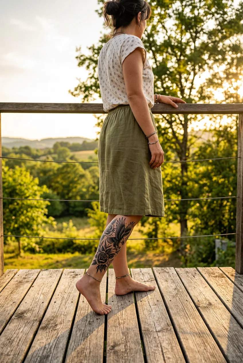 Woman standing barefoot on wooden deck showing bold black and grey illustrative outer calf tattoo