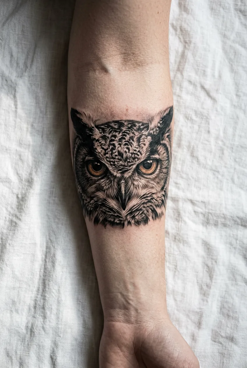 Overhead close-up of a woman's forearm on white linen showing a hyper-detailed black and grey owl face macro portrait tattoo