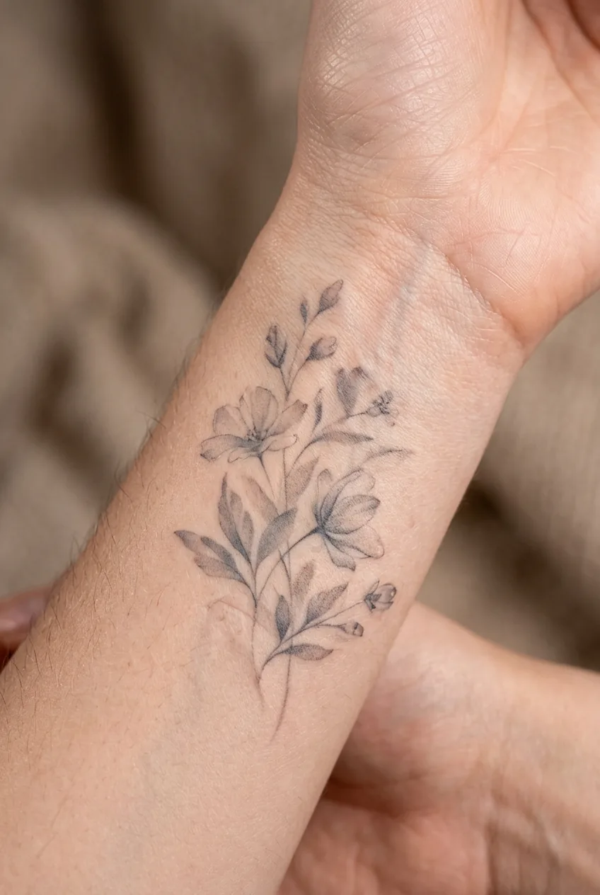 Macro photography of pale soft grey wash floral tattoo on a woman's inner wrist showing translucent ink layers