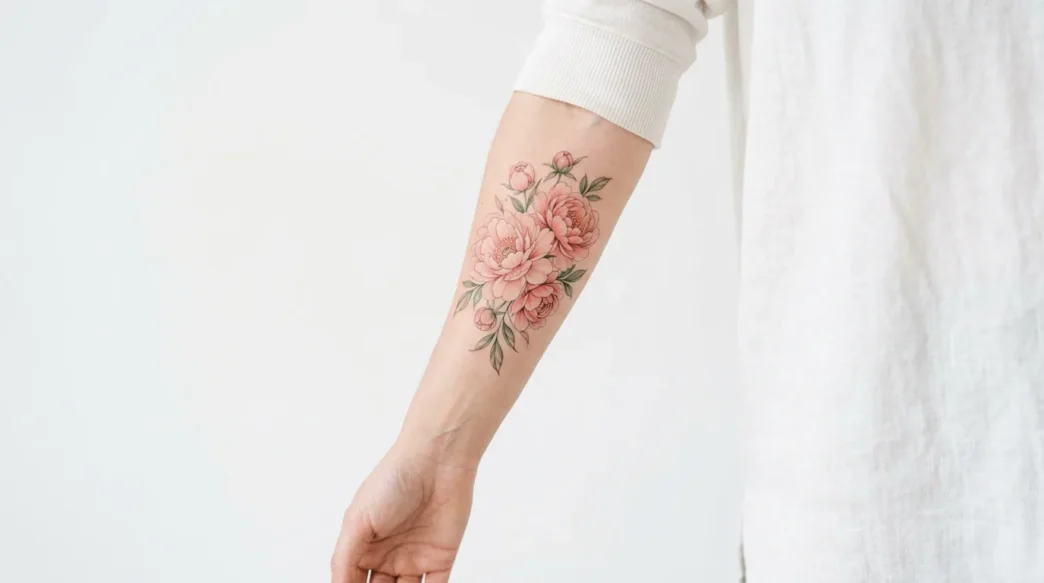 Woman's inner forearm with blush pastel peony cluster tattoo displayed on white studio backdrop in editorial lighting