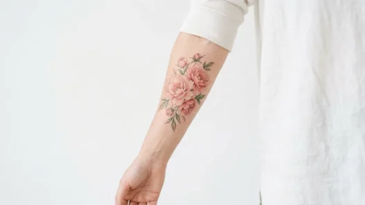 Woman's inner forearm with blush pastel peony cluster tattoo displayed on white studio backdrop in editorial lighting