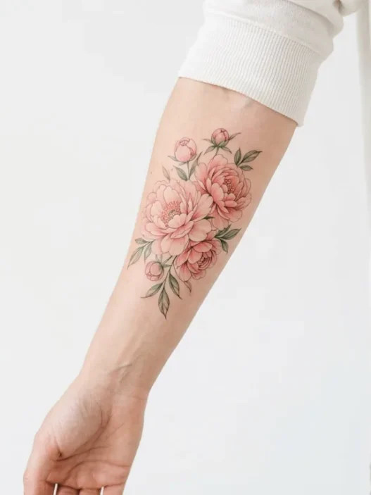 Woman's inner forearm with blush pastel peony cluster tattoo displayed on white studio backdrop in editorial lighting