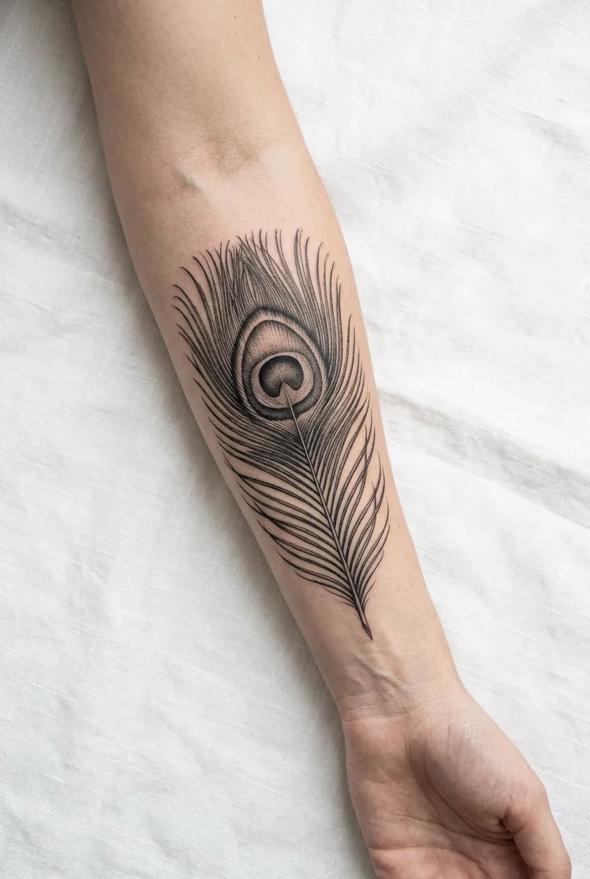 Overhead close-up of a woman's forearm showing a single large black and grey peacock feather realism tattoo with intricate barb and rachis detail