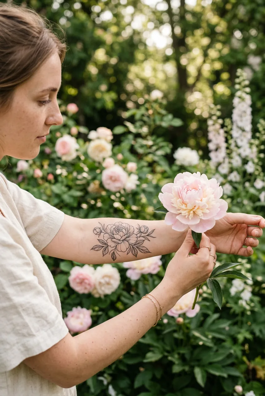 Woman holding a peony bloom beside a matching fine-line peony tattoo on her inner forearm in soft pink light