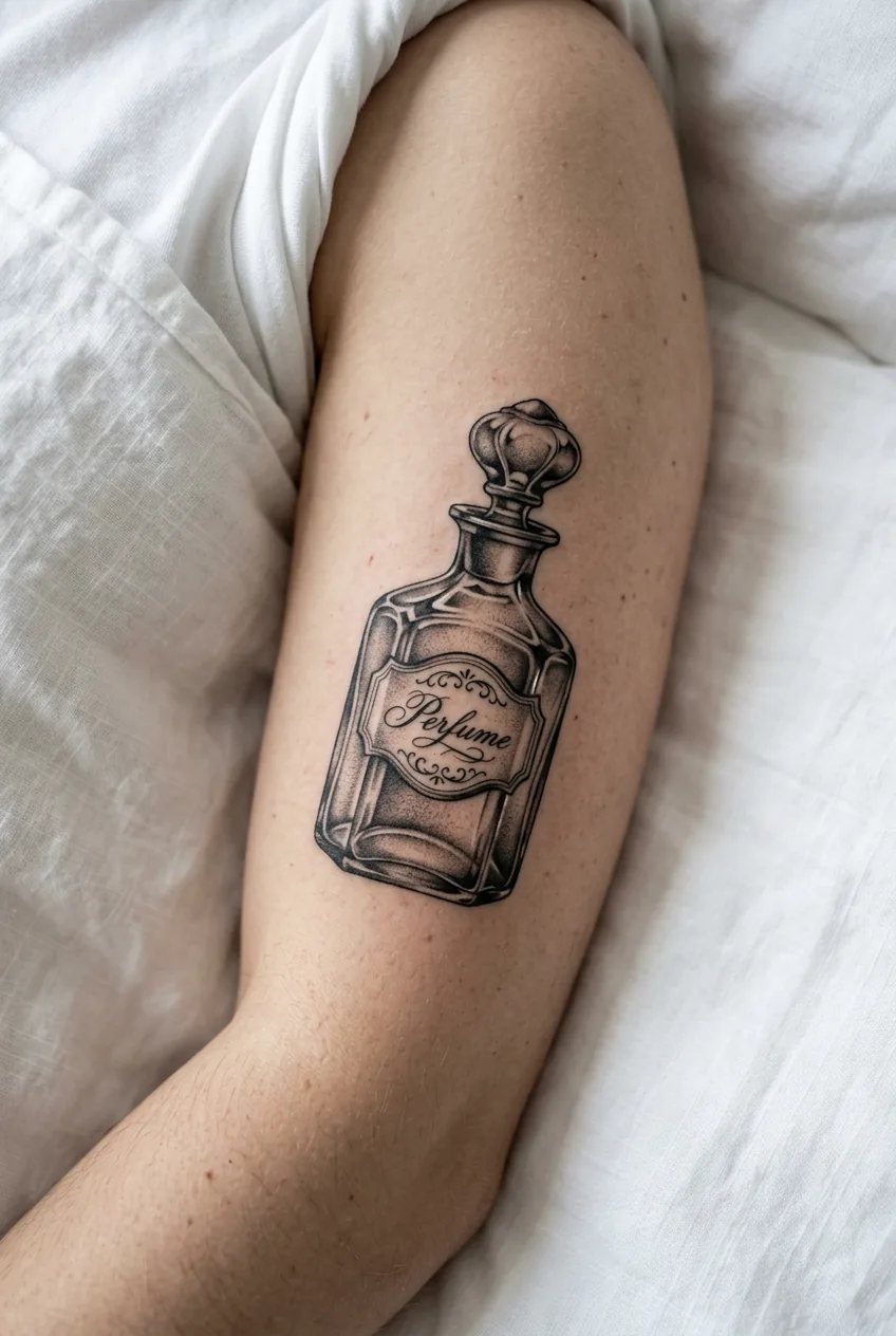Overhead close-up of a woman's upper arm showing a black and grey realism tattoo of a vintage glass perfume bottle with light refracting through glass