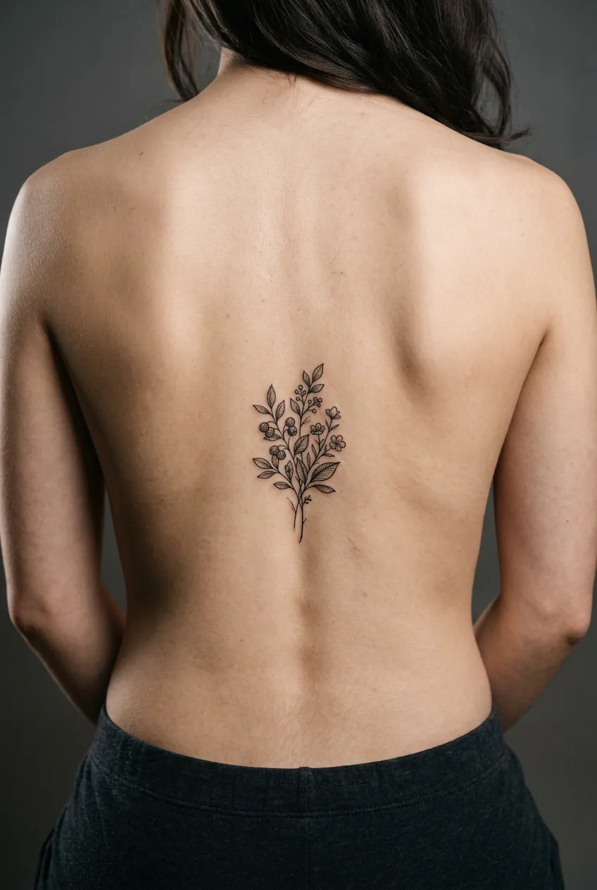 Petite woman's lower back with a small delicate botanical sprig tattoo centered at the spine in studio lighting