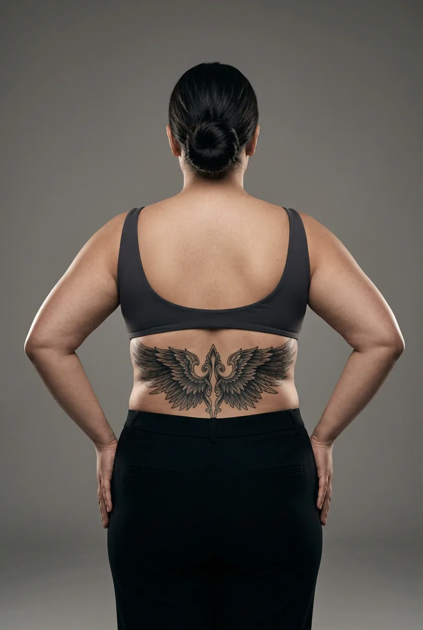 Plus-size woman's lower back showing an expansive symmetrical wing tattoo design spanning the full back width