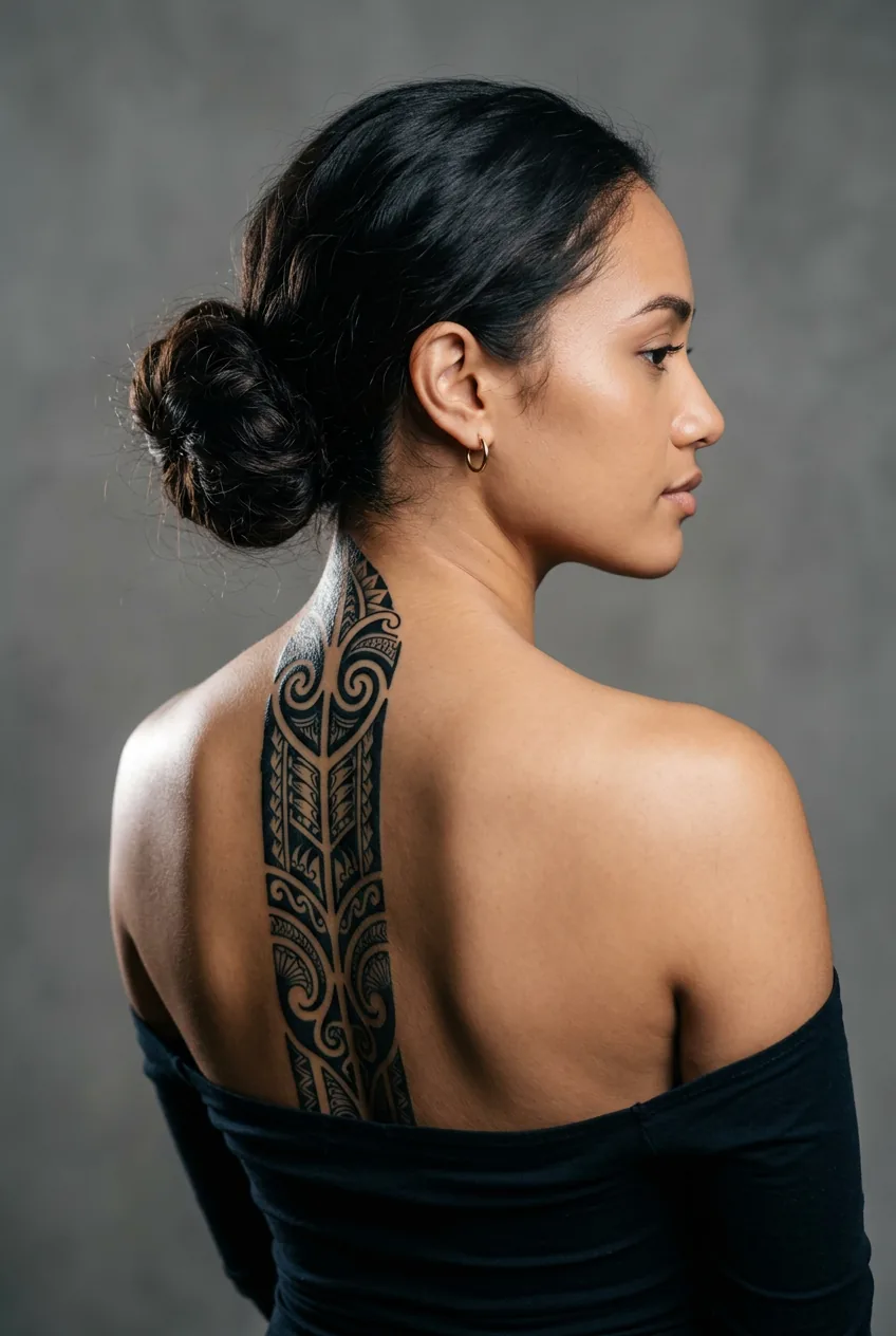 Woman's spine featuring a bold Polynesian tribal column tattoo with blackwork motifs under studio rim lighting