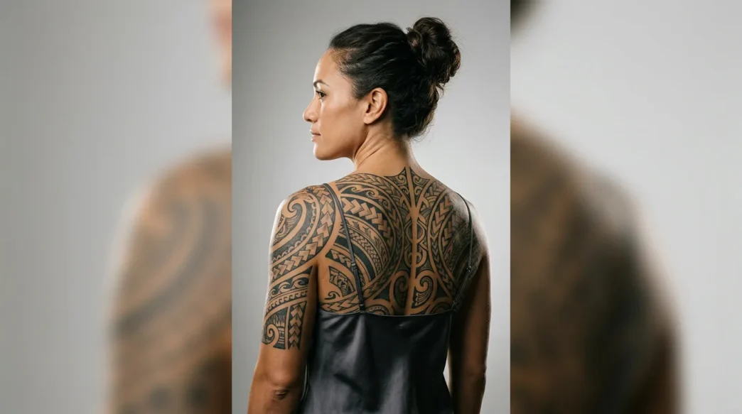 Woman in side profile showing a full Polynesian tribal back tattoo under professional rim lighting on grey background