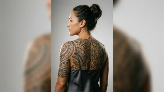 Woman in side profile showing a full Polynesian tribal back tattoo under professional rim lighting on grey background