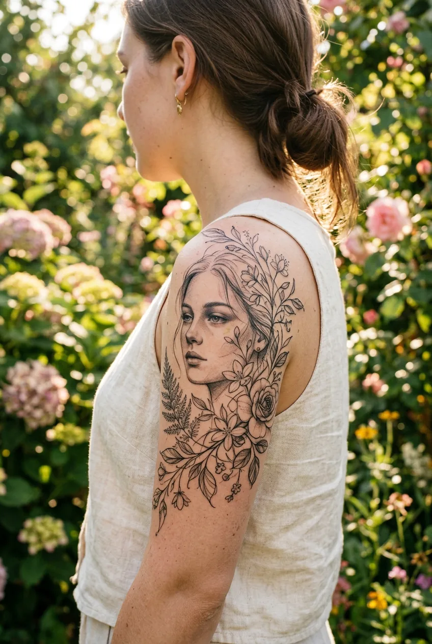 Woman's shoulder featuring a hybrid portrait-illustration tattoo with soft facial rendering and botanical sketch lines in dappled light