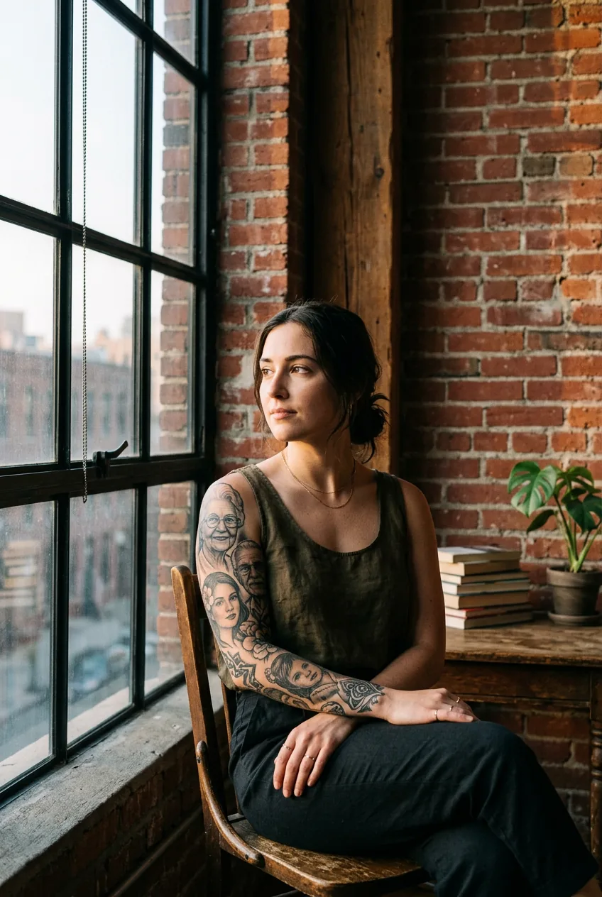 Woman with partial portrait sleeve tattoos seated at industrial loft window with multiple faces visible across her inked arm