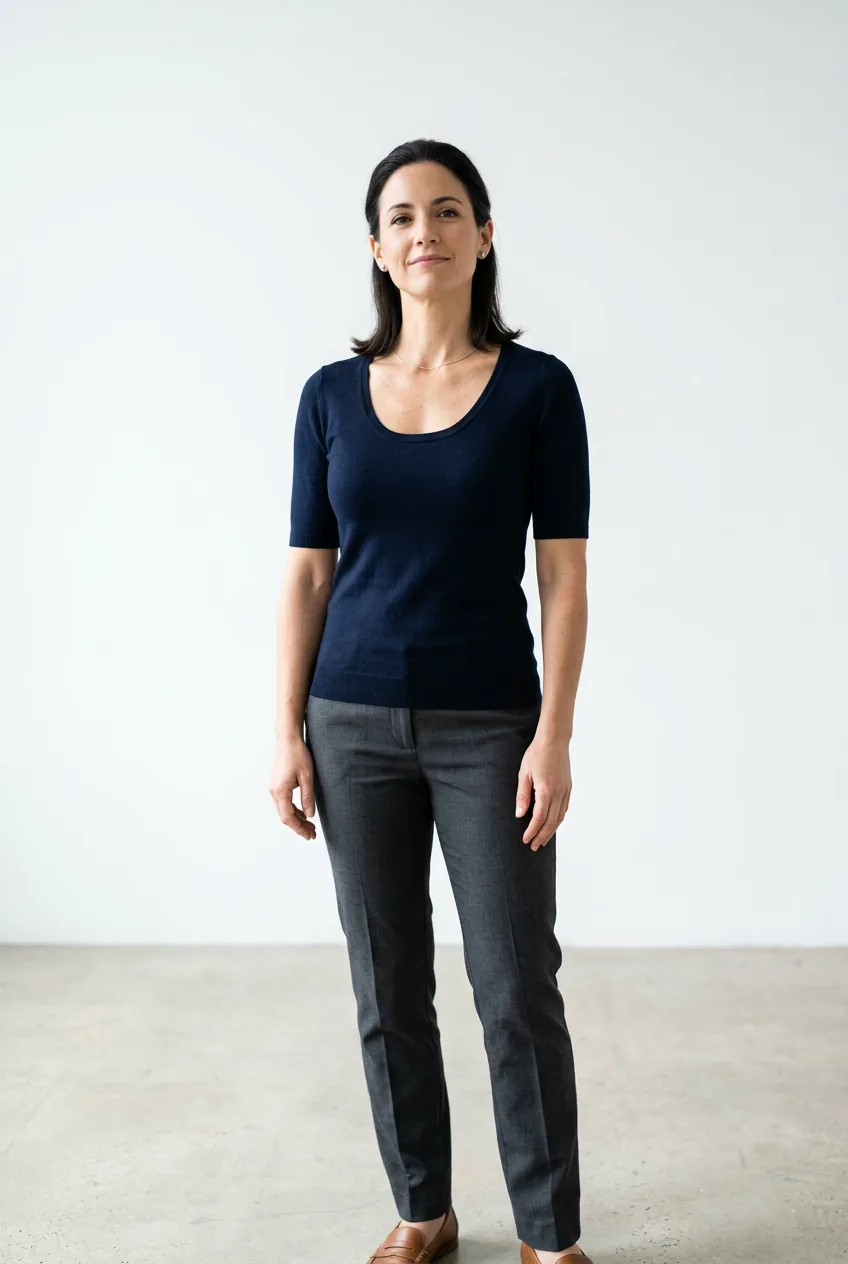 Woman standing confidently with arms relaxed at sides showing sternum area in clean white studio