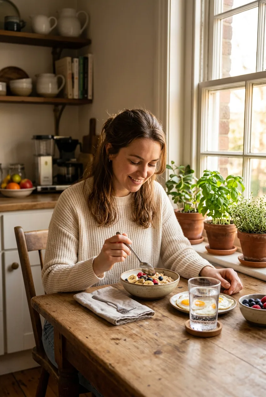 Woman sitting at kitchen table eating a nourishing breakfast with oats and a large glass of water in morning sunlight