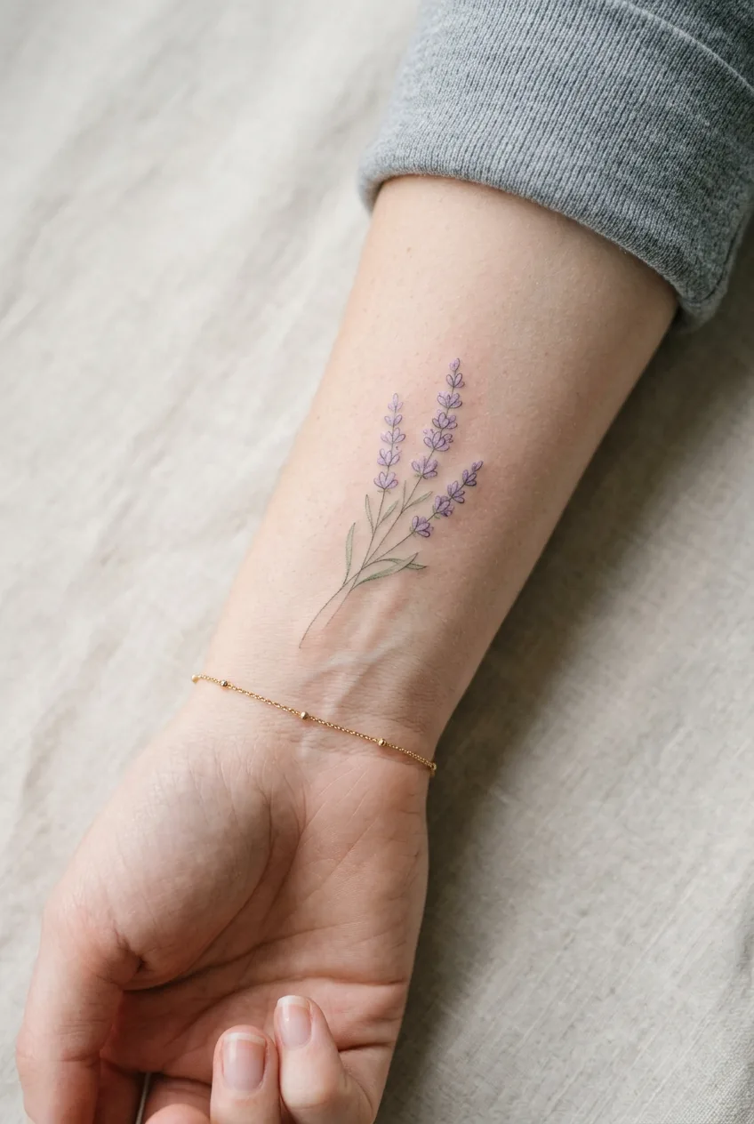 Woman's forearm with a rainbow gradient tattoo transitioning through soft spectrum hues on white studio backdrop