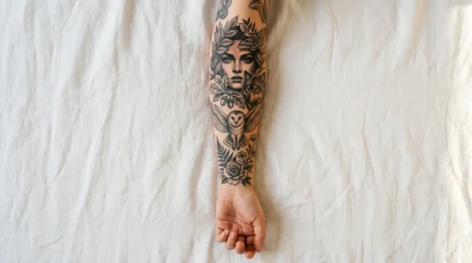 Overhead close-up of a woman's forearm on white linen showing a detailed collection of realism tattoos including botanicals and wildlife