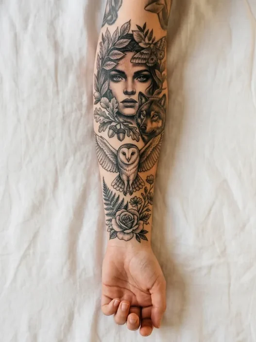 Overhead close-up of a woman's forearm on white linen showing a detailed collection of realism tattoos including botanicals and wildlife