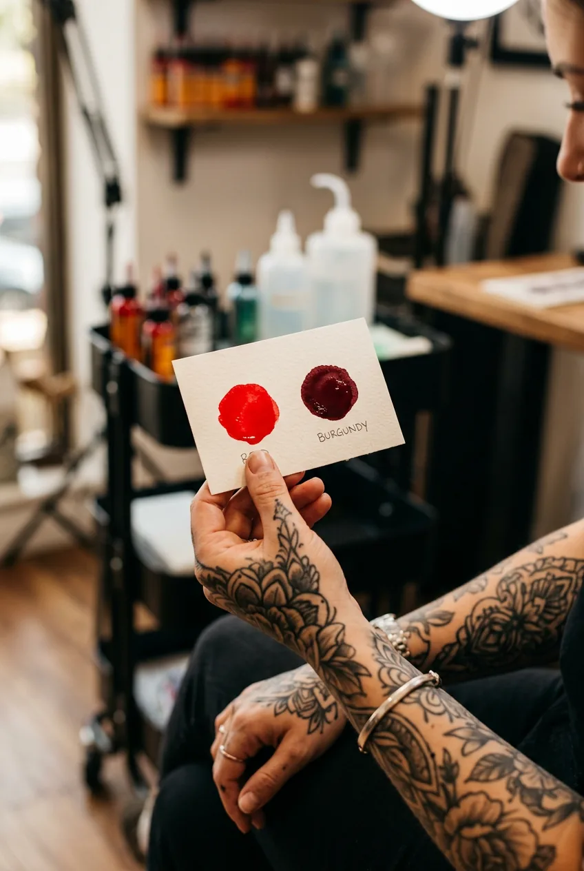 Side-by-side comparison of bright red and deep burgundy tattoo ink swatches held on a reference card under warm studio lighting