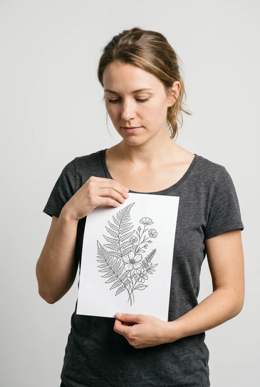 Woman holding a printed reference image against her chest comparing design proportions to sternum placement