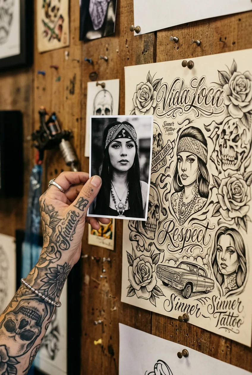 Woman's tattooed hand holding printed reference photo beside chicano flash art sheet pinned to studio wall