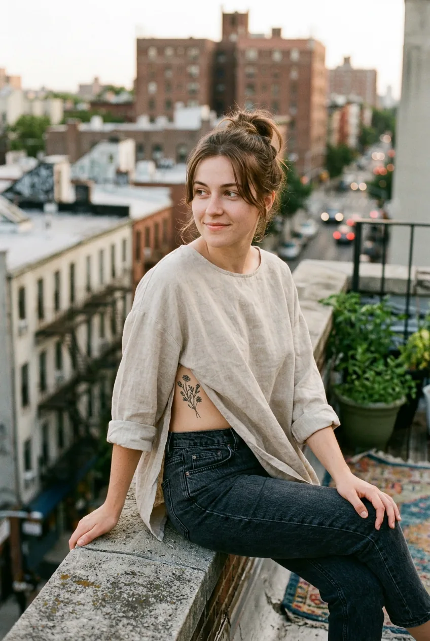 Woman in loose linen shirt sitting on balcony revealing small botanical tattoo on her ribcage